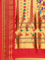 Muniya paithani saree silk blend in purple and red with floral meena butti - pallu detail showing woven motif design for wedding wear