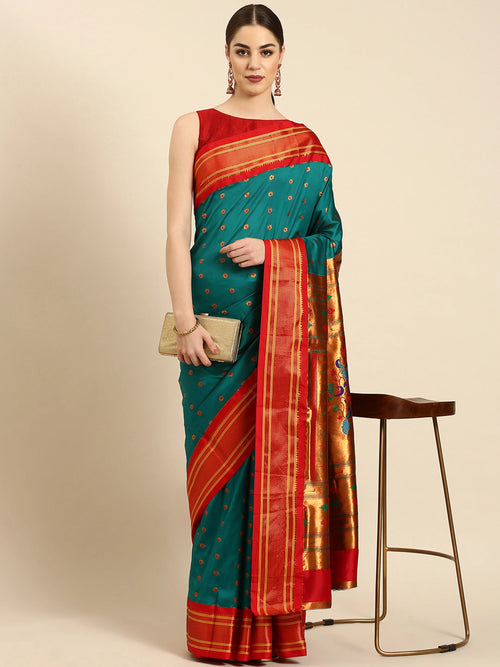Muniya paithani saree silk blend in rama and red with floral meena butti - front view for wedding wear