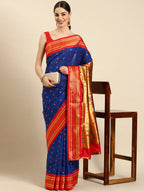 Muniya paithani saree silk blend in royal blue and red with floral meena butti - front view for wedding wear