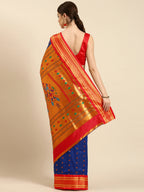 Muniya paithani saree silk blend in royal blue and red with floral meena butti - back view showing pallu and border for wedding wear