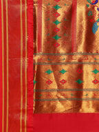 Muniya paithani saree silk blend in royal blue and red with floral meena butti - pallu detail showing woven motif design for wedding wear