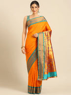 Muniya paithani saree silk blend in saffron and rama with floral meena butti - front view for wedding wear