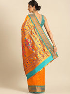 Muniya paithani saree silk blend in saffron and rama with floral meena butti - back view showing pallu and border for wedding wear