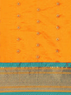 Muniya paithani saree silk blend in saffron and rama with floral meena butti - body fabric detail showing motif design for wedding wear