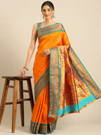 Muniya paithani saree silk blend in saffron and rama with floral meena butti - styling view for wedding wear