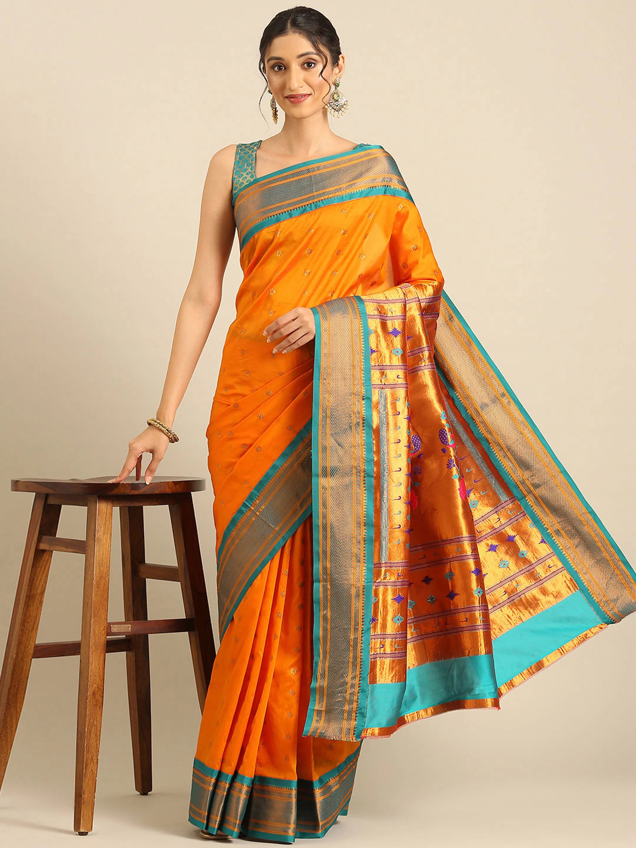 Muniya Paithani Saree Silk Blend | Floral Meena Butti | Wedding Wear