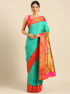 Muniya paithani saree silk blend in sea green and pink with floral meena butti - front view for wedding wear