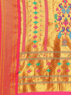 Muniya paithani saree silk blend in sea green and pink with floral meena butti - pallu detail showing woven motif design for wedding wear