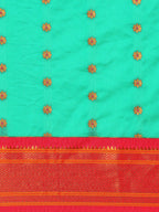 Muniya paithani saree silk blend in sea green and pink with floral meena butti - body fabric detail showing motif design for wedding wear