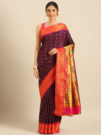 Muniya paithani saree silk blend in wine and pink with floral meena butti - front view for wedding wear