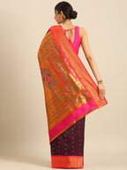 Muniya paithani saree silk blend in wine and pink with floral meena butti - back view showing pallu and border for wedding wear