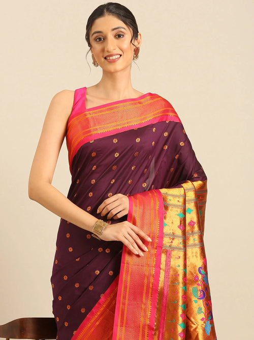 Muniya paithani saree soft silk in wine and pink with floral meena butti - closeup view showing fabric and zari work for wedding wear