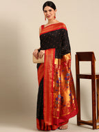 Maharani paithani saree silk blend in black & red with polka butta design - front view for wedding wear