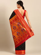 Maharani paithani saree silk blend in black & red with polka butta design - back view showing pallu and border