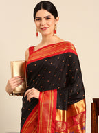 Maharani paithani saree silk blend in black & red with polka butta design - closeup view for weading party and festival