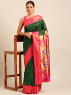 Maharani paithani saree silk blend in bottle green & pink with polka butta design - front view for wedding wear