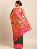 Maharani paithani saree silk blend in bottle green & pink with polka butta design - back view showing pallu and border