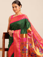 Maharani paithani saree silk blend in bottle green & pink with polka butta design - closeup view for weading party and festival