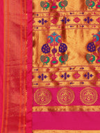 Maharani paithani saree silk blend in bottle green & pink with polka butta design with peacock motifs pallu