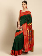 Maharani paithani saree silk blend in bottle green & red with polka butta design - front view for wedding wear