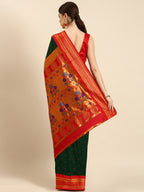 Maharani paithani saree silk blend in bottle green & red with polka butta design - back view showing pallu and border