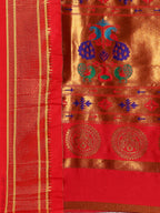 Maharani paithani saree silk blend in bottle green & red with polka butta design with peacock motifs pallu