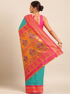 Maharani paithani saree silk blend in chintamani & pink with polka butta design - back view showing pallu and border