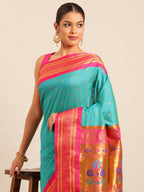 Maharani paithani saree silk blend in chintamani & pink with polka butta design - closeup view for weading party and festival