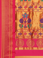 Maharani paithani saree silk blend in chintamani & pink with polka butta design with peacock motifs pallu