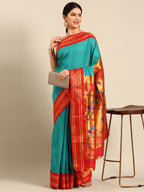Maharani paithani saree silk blend in chintamani & red with polka butta design - front view for wedding wear