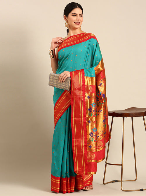 Maharani paithani saree silk blend in chintamani & red with polka butta design - front view for wedding wear