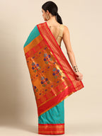 Maharani paithani saree silk blend in chintamani & red with polka butta design - back view showing pallu and border