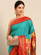 Maharani paithani saree silk blend in chintamani & red with polka butta design - closeup view for weading party and festival