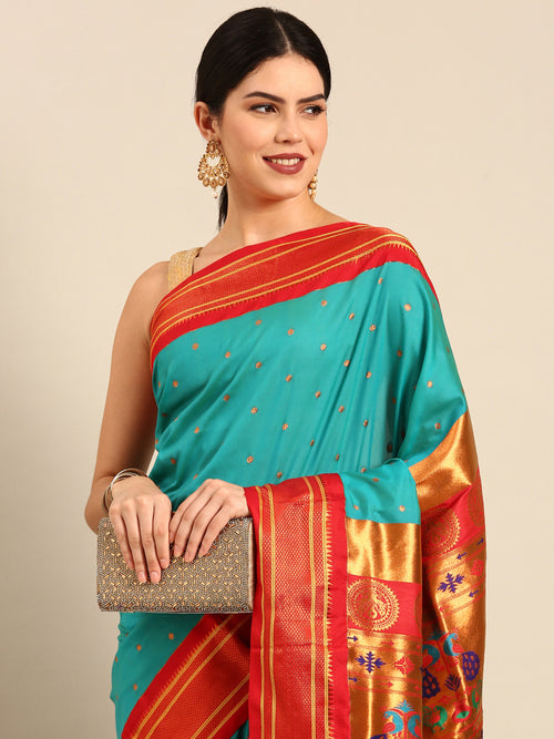 Maharani paithani saree soft silk in chintamani & red with polka butta design - closeup view for wedding party and festival