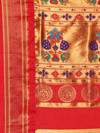 Maharani paithani saree silk blend in chintamani & red with polka butta design with peacock motifs pallu
