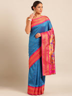 Maharani paithani saree silk blend in firozi & pink with polka butta design - front view for wedding wear