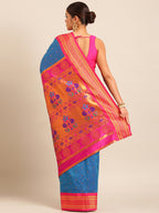 Maharani paithani saree silk blend in firozi & pink with polka butta design - back view showing pallu and border
