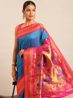 Maharani paithani saree silk blend in firozi & pink with polka butta design - closeup view for weading party and festival
