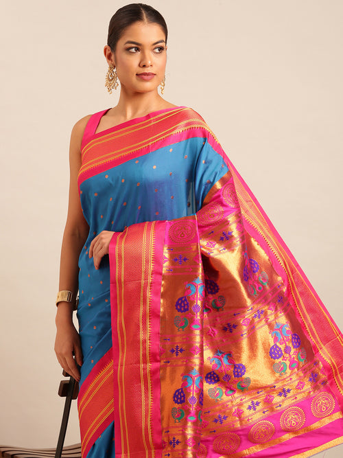 Maharani paithani saree soft silk in firozi & pink with polka butta design - closeup view for wedding party and festival