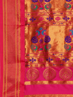 Maharani paithani saree silk blend in firozi & pink with polka butta design with peacock motifs pallu