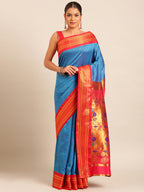 Maharani paithani saree silk blend in firozi & red with polka butta design - front view for wedding wear