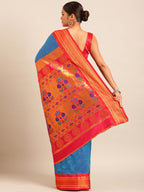Maharani paithani saree silk blend in firozi & red with polka butta design - back view showing pallu and border