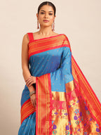 Maharani paithani saree silk blend in firozi & red with polka butta design - closeup view for weading party and festival