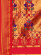 Maharani paithani saree silk blend in firozi & red with polka butta design with peacock motifs pallu