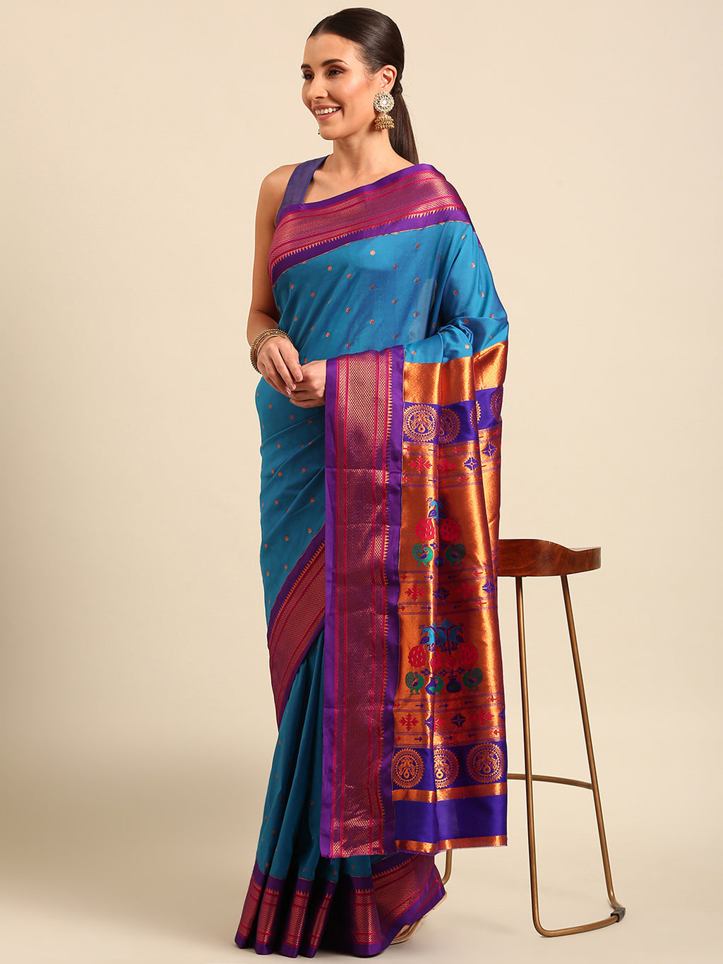 Maharani paithani saree silk blend in firozi & violet with polka butta design - front view for wedding wear