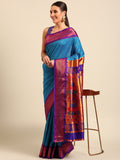 Maharani paithani saree silk blend in firozi & violet with polka butta design - front view for wedding wear