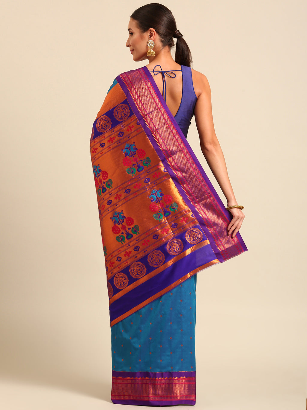 Maharani paithani saree silk blend in firozi & violet with polka butta design - back view showing pallu and border