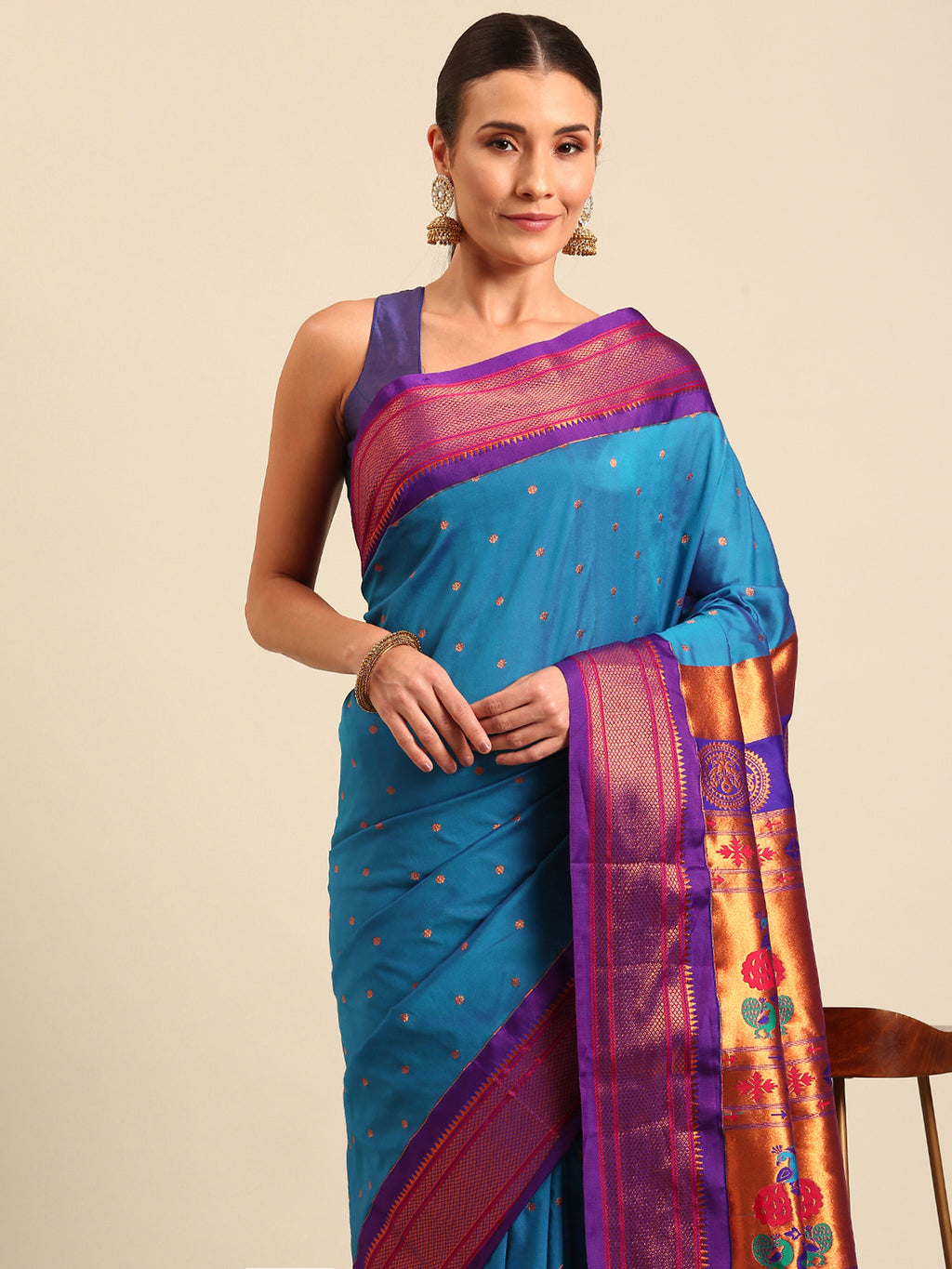 Maharani paithani saree silk blend in firozi & violet with polka butta design - closeup view for weading party and festival