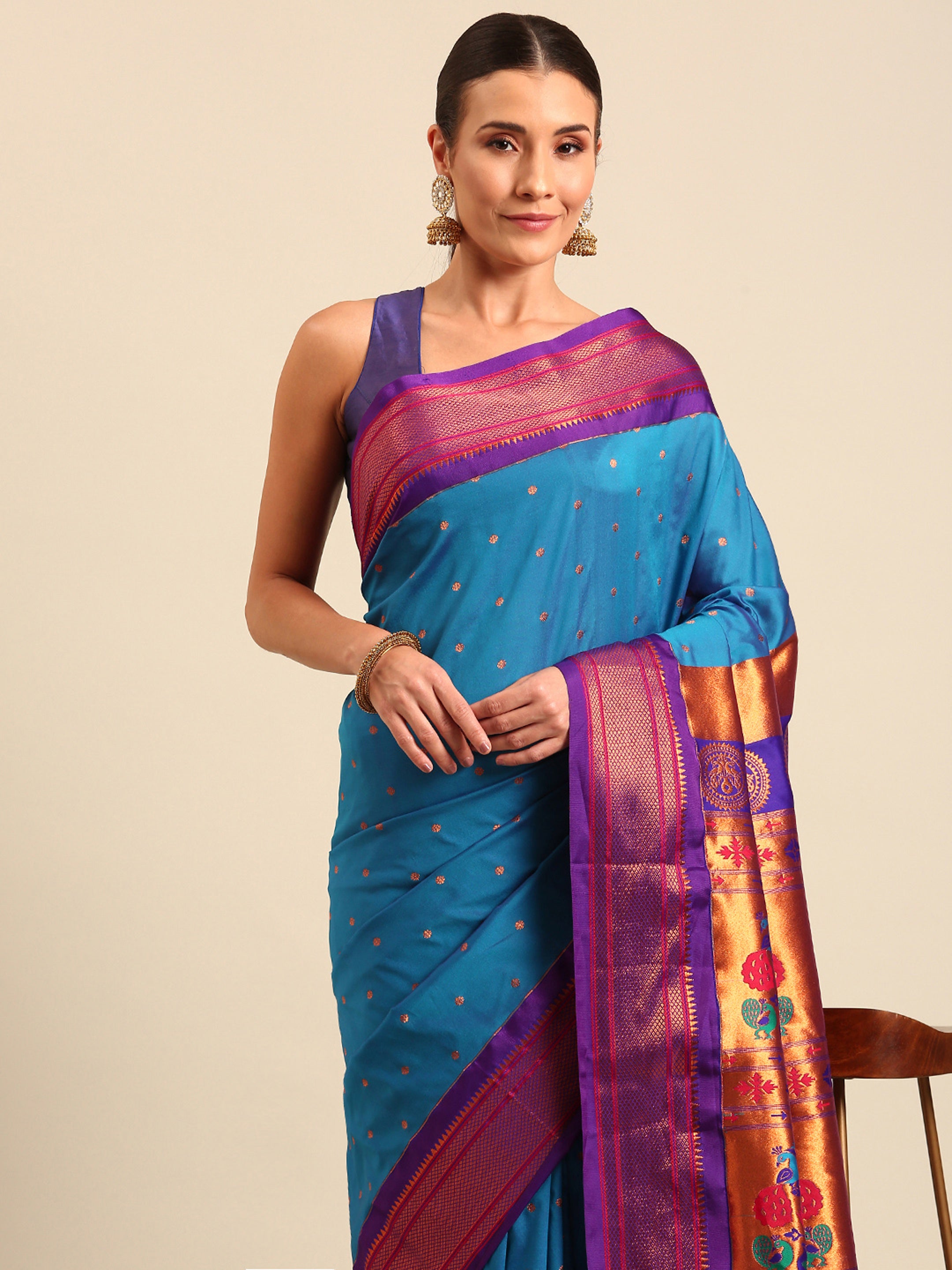 Maharani paithani saree silk blend in firozi & violet with polka butta design - closeup view for weading party and festival