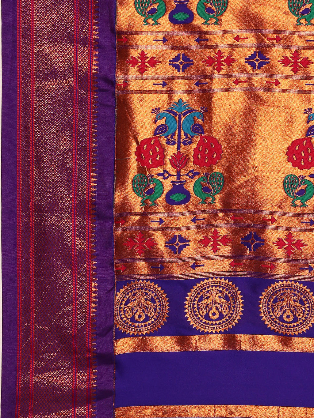 Maharani paithani saree silk blend in firozi & violet with polka butta design with peacock motifs pallu